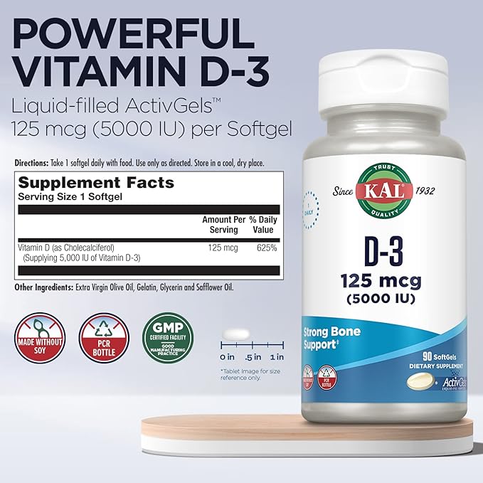 KAL Vitamin D3 5000 IU Softgels (125 mcg), Active Form of Vitamin D, Calcium Absorption, Bone Health, Immune Support Supplement, Liquid Filled ActivGels, Made Without Soy, 90 Servings, 90 Softgels