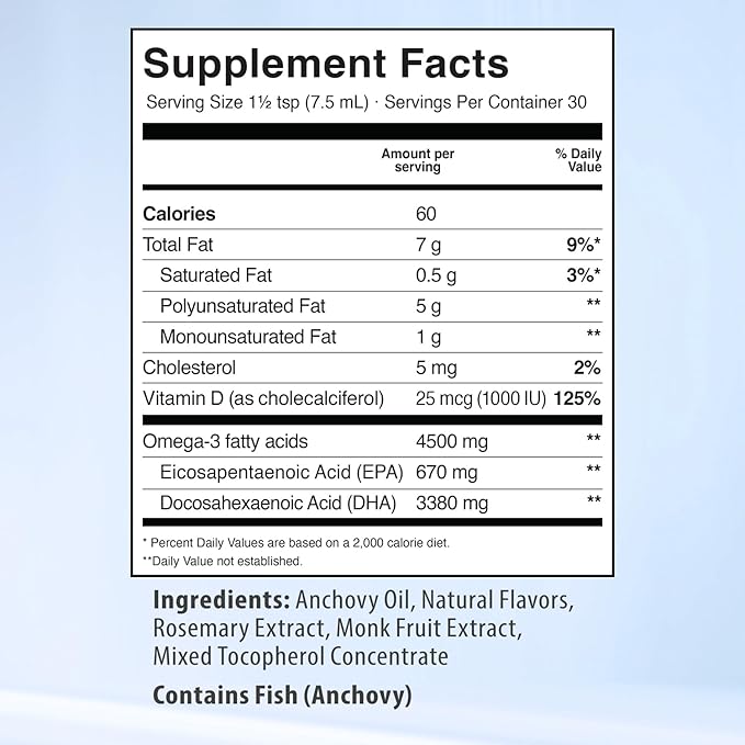 5X Ultimate Strength Omega 3 Fish Oil Liquid 4500mg, Omega 3 Liquid Fish Oil Burpless, High DHA EPA Omega3 Supplement for Women and Men with Vitamin D, 3380mg DHA, 670mg EPA, 7.60 floz, Lemon Flavor