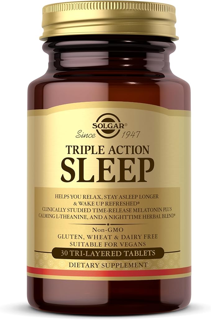Solgar Triple Action Sleep, 30 Tri-Layer Tablets - Time-Release Melatonin & L-Theanine Plus Herbal Blend - Helps You Relax, Fall Asleep Fast & Stay Asleep Longer - Non-GMO, Gluten Free - 30 Servings