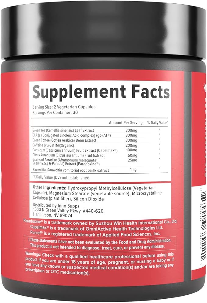 Inno Shred Fat Burner for Men and Women with 100mg Capsimax, Grains of Paradise, Organic Caffeine, Green Tea Extract, Appetite Suppressant, Weight Loss (60 Veggie Capsules) | (with Stimulant)
