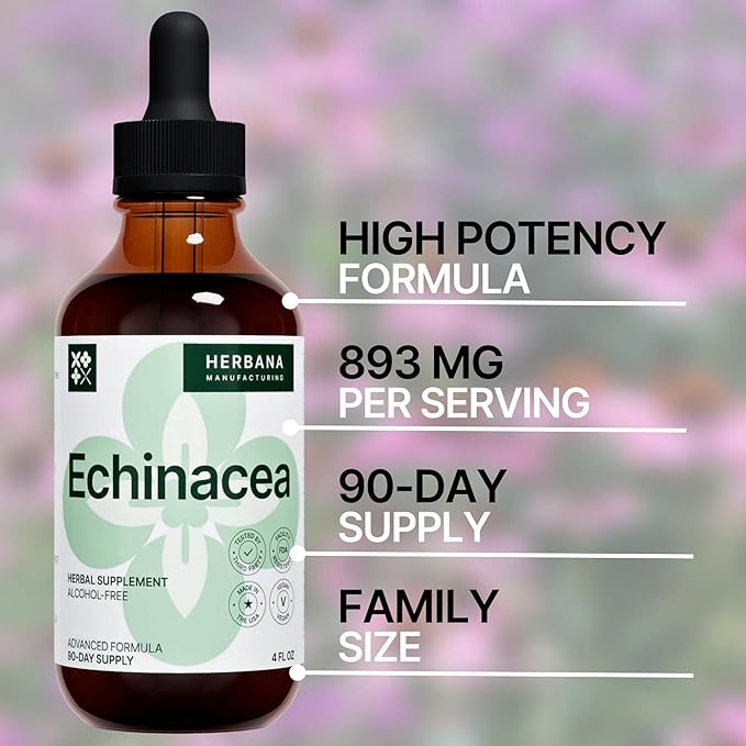 Echinacea 4 fl oz Liquid Extract - Organic Root, Leaf, Flower, Seed - Natural Herbal Supplement - Body, Immune System Support Tincture - High Potency Drops - 90-Day Supply - Family Size