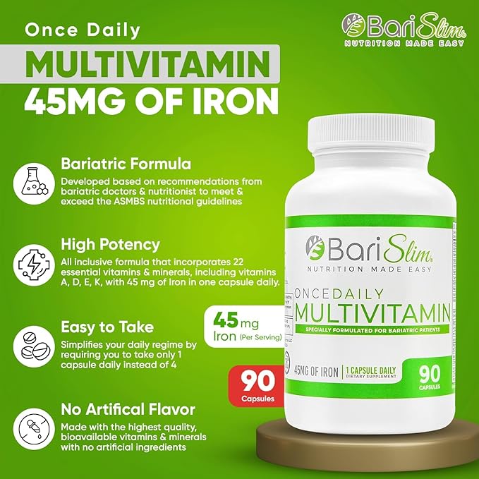 BariSlim Once Daily Bariatric Multivitamin Capsule - 45mg of Iron - Bariatric Vitamin & Supplement for Post Bariatric Surgery Including Gastric Bypass & Gastric Sleeve | 2 Pack (180 Day Supply)