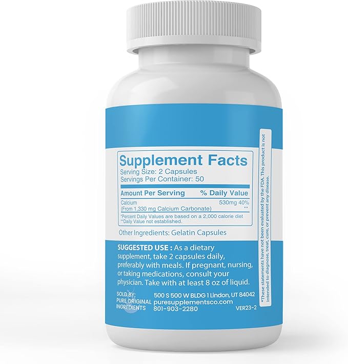 Pure Original Ingredients Calcium Carbonate, (100 Capsules) Always Pure, No Additives Or Fillers, Lab Verified