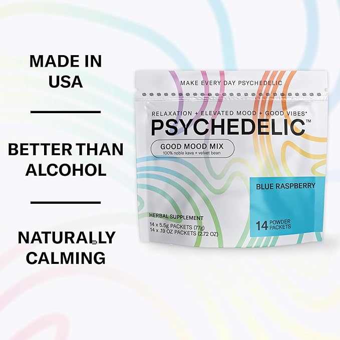 Easy Alcohol Alternative with Buzz - Calming Kava Drink Mix (14x5.5g) Flavored Kava Powder - Calming Drink Powder Packets - Easy Open Single Serving Drinks - 14 Calm Packets - Blue Raspberry