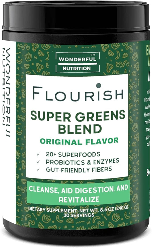 Flourish Super Greens. Greens Powder Mix for Energy,with Chlorella Organic Spirulina, Beet Root Powder, Enzymes & Probiotics, Original, 30 Servings