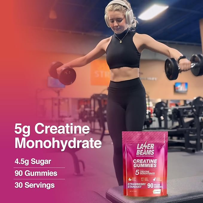 Creatine Monohydrate Gummies - 5g Creapure Creatine per Serving - Vegan, Strawberry Stardust Flavor - Boost Muscle Strength, Endurance, Recovery & Mental Focus - 90 Gummies, Gluten-Free