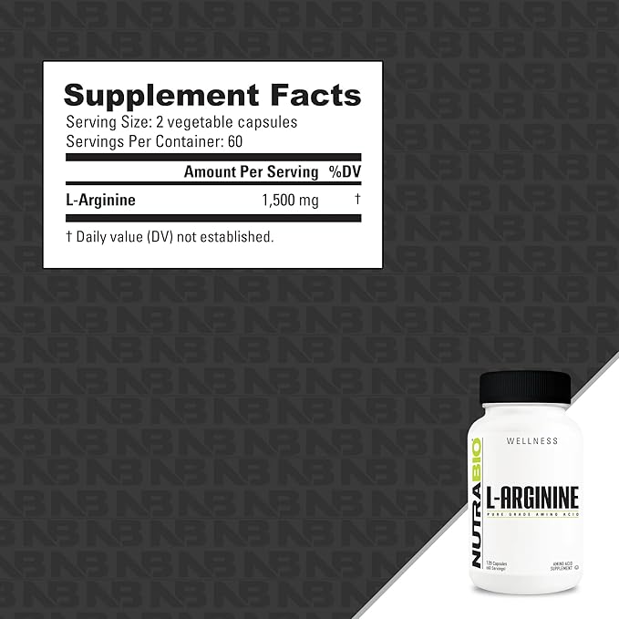 NutraBio L-Arginine Supplement, 750mg – Nitric Oxide Precursor, Supports Blood Flow, Vascular Health, and Muscle Growth- L Arginine Supplements for Men and Women- 120 Capsules