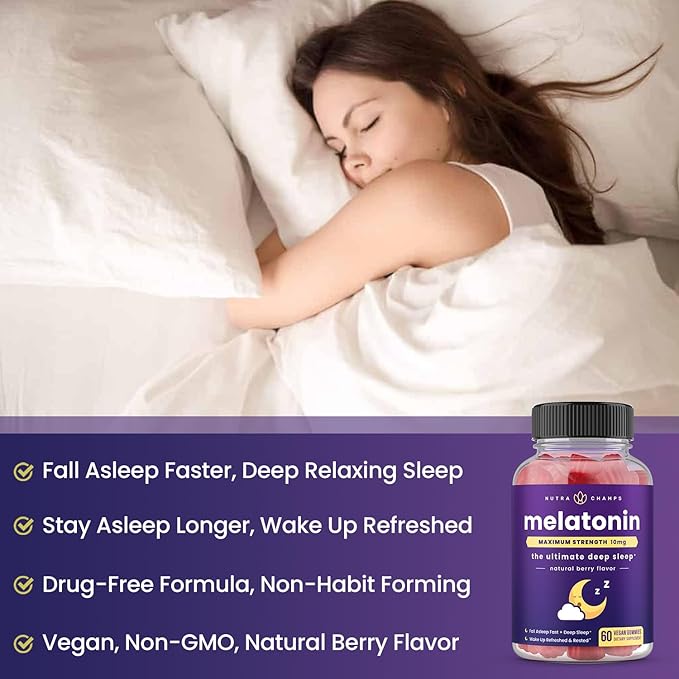 NutraChamps Melatonin Gummies for Adults, Extra Strength Sleep Aid Vitamins, 5mg or 10mg Dose, Vegan Natural Strawberry Flavor Supplement for Better Sleep, Healthy Sleep Cycles, 60 Gummies