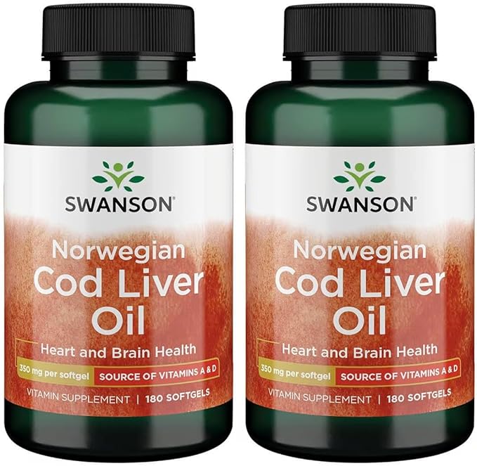Swanson Cod Liver Oil - Wellness Supplement Promoting Bone, Skin Health, Vision Support & Immune System Function w/High Absorption Vitamin A - (180 Softgels, 350mg Each) 2 Pack