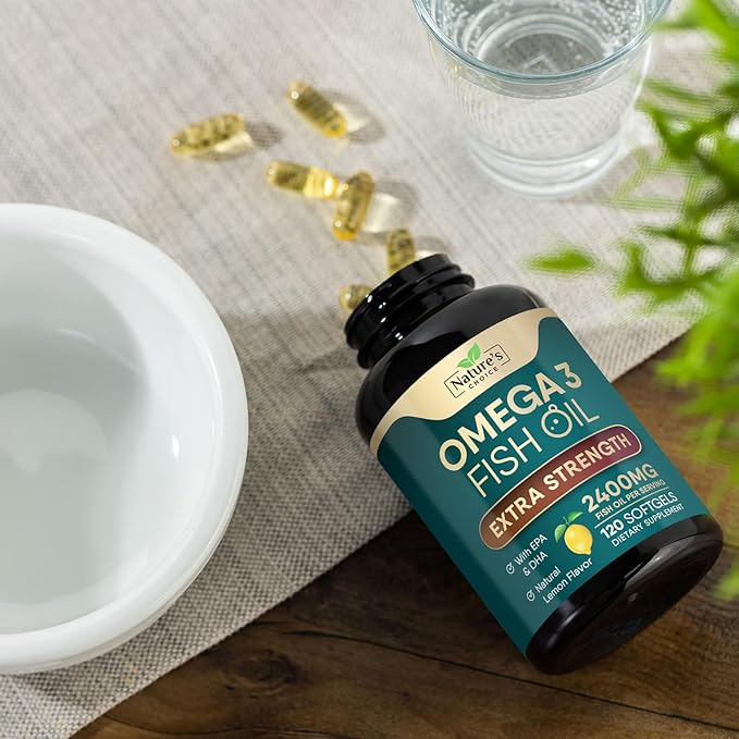 Triple Strength Omega 3 Fish Oil Supplement, EPA & DHA Fish Oil Omega 3 Essential Fatty Acids Supplement Softgels, 2400 mg Brain & Heart Health Support Supplements, Gluten Free, Non-GMO, 120 Softgels