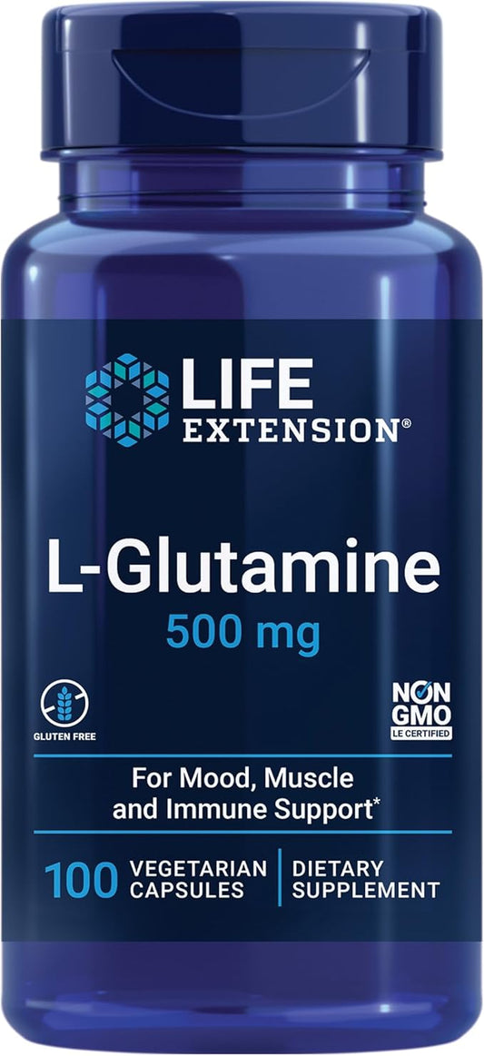 Life Extension L-Glutamine, 500 mg L-glutamine, Amino Acid, Supports Muscle Health and Immune Health, Gluten-Free, Non-GMO, 100 Vegetarian Capsules