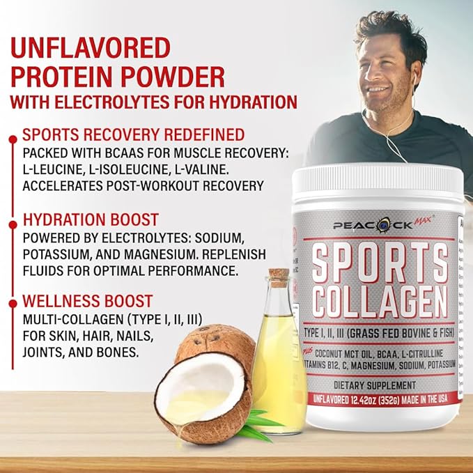Sports Collagen Powder, 12.42 oz, Pack of 2 - Grass Fed Bovine & Wild Fish Hydrolyzed Type I, II, III Multi Collagen Peptides, Unflavored Protein Powder with BCAA, Magnesium & Electrolytes