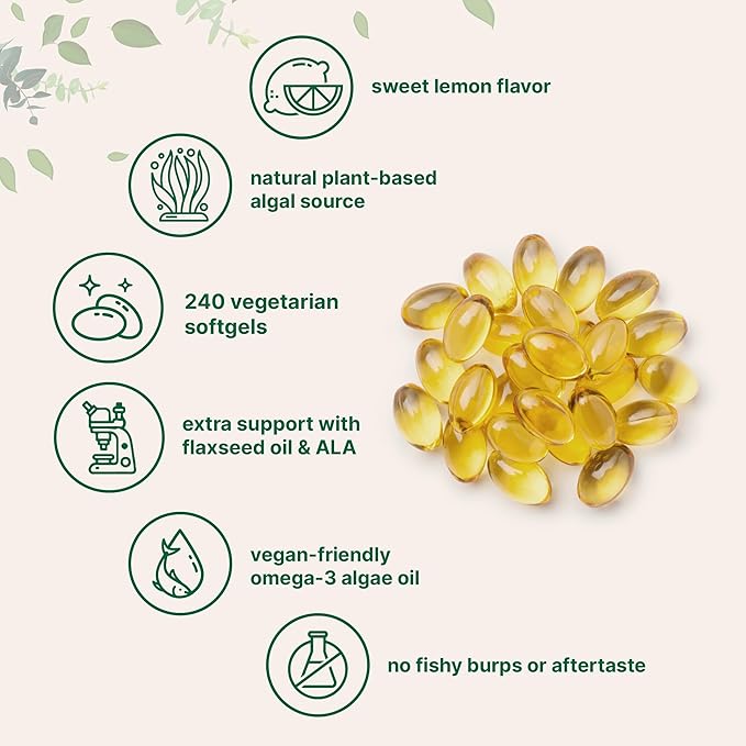 Micro Ingredients Vegan Omega 3 Algae Oil, 240 Veggie Softgels | Fish Oil Alternative | DHA 500mg & DPA 100mg | Carrageenan Free | Plant-Based Omega 3 with Flaxseed & ALA | Lemon Flavored