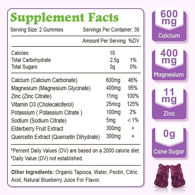 High Absorption Calcium Gummies, Calcium Magnesium Zinc with Magnesium Glycinate, Potassium, Vitamin D3 for Women & Men- Blueberry Flavor 120 Cts