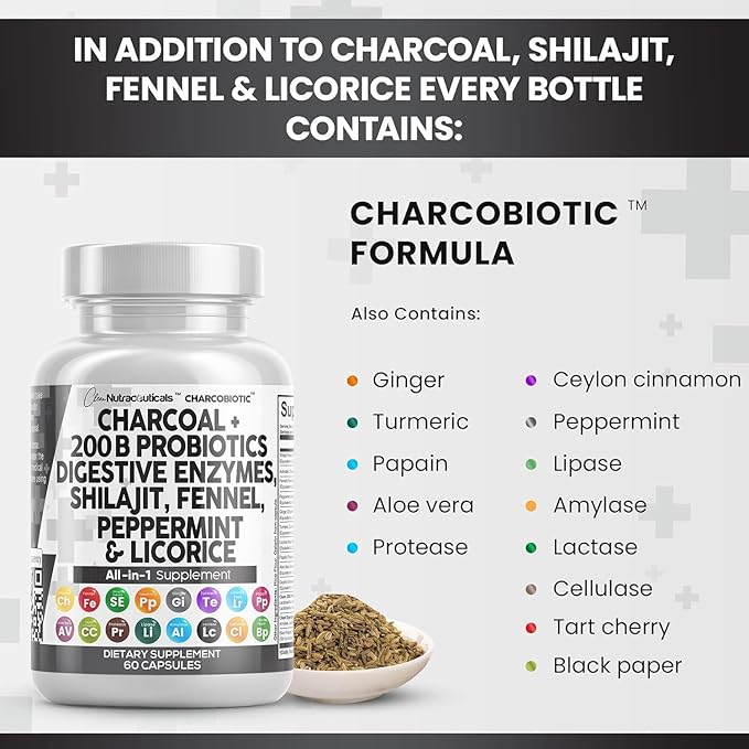Clean Nutra Activated Charcoal Capsules Shilajit 5000mg Pills Probiotic 200 Billion + Digestive Enzymes for Digestive Health with Peppermint Fennel Licorice Papain Ginger Turmeric | Gut Health