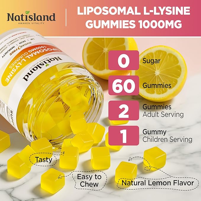 Liposomal L-Lysine Gummies 1000mg, Lysine Chewable Supplements for Kids & Adults, Lysine with Zinc & Vitamins, Lips & Oral Health, Immune Support, Sugar-Free, Lemon Flavor, 60 Ct