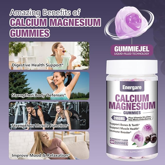 2 Packs Calcium Magnesium Zinc Gummies with Vitamin D3, Sea Moss, Calcium Gummies for Bone, Muscles, Calm Mood Support, Supplements for Kids & Adults, Sugar-Free, Vegan, Elderberry Flavor, 120ct