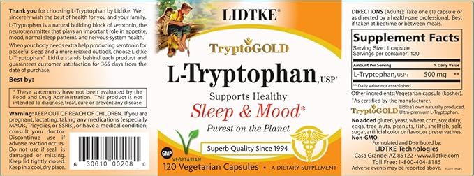 Lidtke Technologies L-Tryptophan Capsules, 120 Count