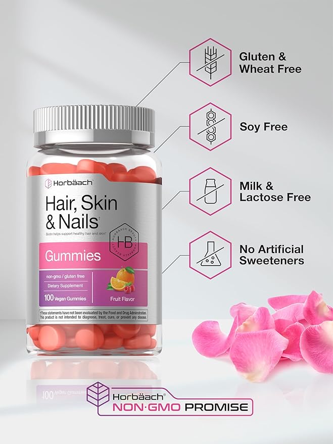 Horbäach Hair Skin and Nails Gummies | 100 Count | with Biotin | Fruit Flavored Vitamins | Non-GMO, Gluten Free Supplement