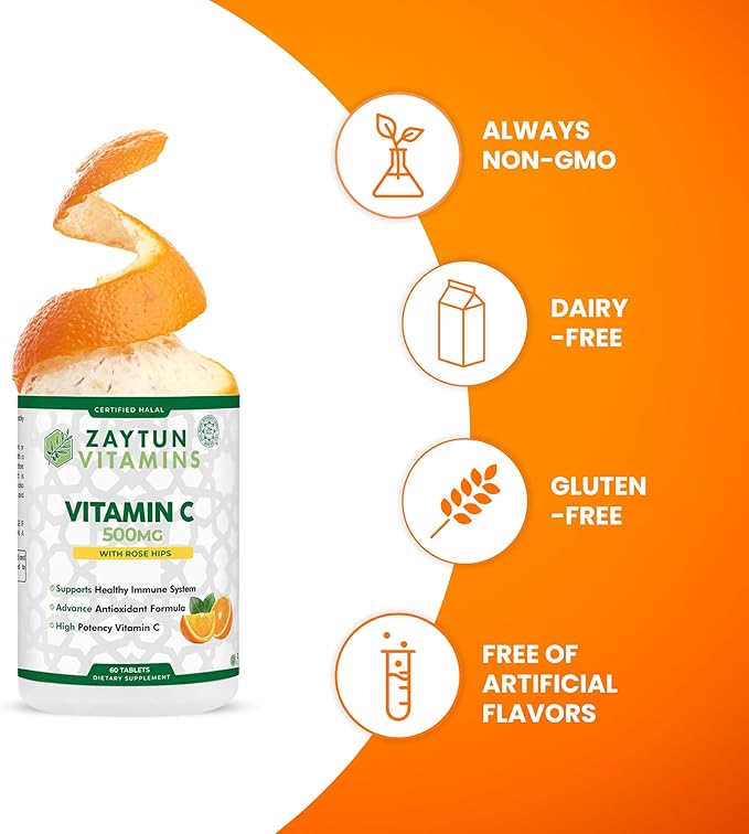Halal Vitamin C 500mg Tablets with Rose HIPS Supports Immune System, Natural Antioxidant with Citrus Bioflavonoids - Vegan - Gluten-Free - 2 Months Supply - Halal Vitamins