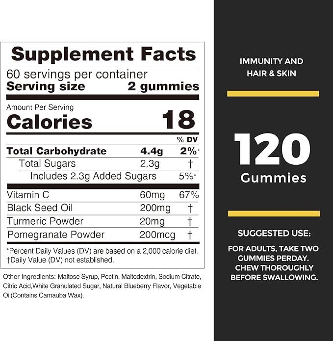 Nature's Key Black Seed Oil Gummies,Support Immunity, Joints, Digestion, Hair & Skin | Cold-Pressed, with 200mg Nigella Sativa Seed Oil, Vitamin C, Ginger, Pomegranate (Blueberry Flavor 120 Count)