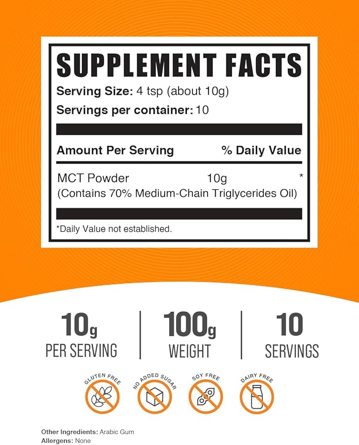 BulkSupplements.com MCT Powder - Medium Chain Triglycerides, from MCT Coconut Oil, MCT Oil Powder - MCT Supplement for Energy - Gluten Free, 10g per Serving, 100g (3.5 oz) (Pack of 1)
