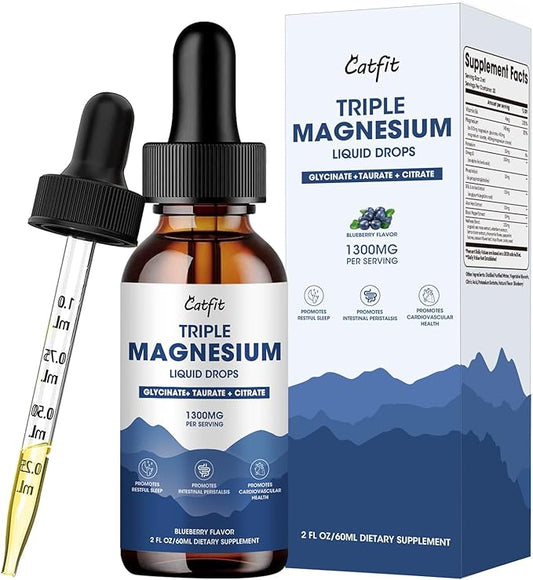 Magnesium Glycinate Liquid Drops with Taurate & Citrate, Magnesium Supplement for Sleep, Calm & Relaxation, with Potassium & Omega-3, High Absorption Formula, Blueberry Flavor, 2 Fl Oz