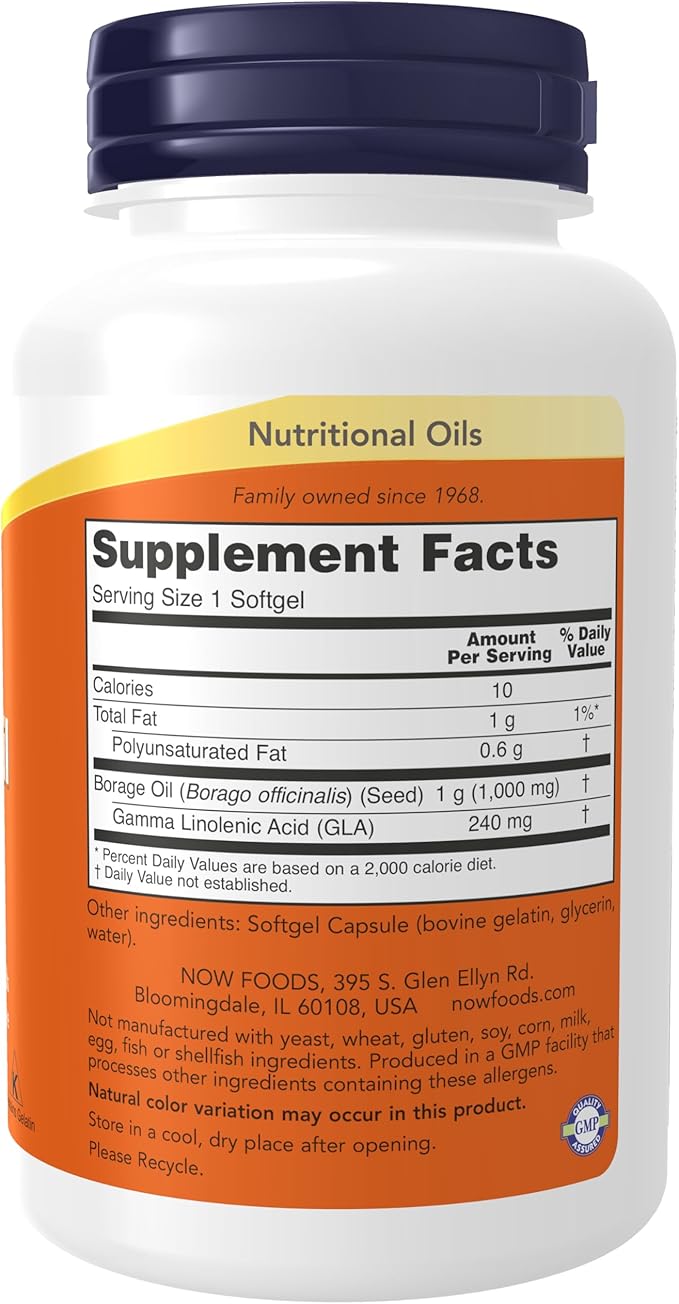 NOW Foods Supplements, Borage Oil 1000 mg with 240mg of GLA (Gamma Linolenic Acid), 60 Softgels
