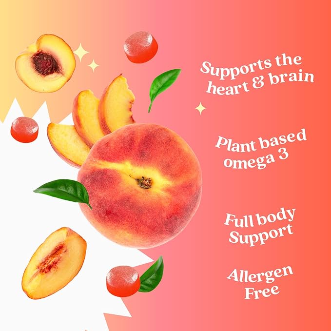 BeLive Organic Omega 3 Gummies - Omega 3 6 9 7 DHA & EPA from Flaxseed Oil & Sea Buckthorn Fruit Oil, Vegan, for Kids & Adults, Full Body, Brain & Eye Support, Sugar Free – Peach | 2-Pack