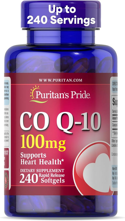 Puritan's Pride Q-Sorb CoQ-10 100mg | Supports Heart Health | Dietary Supplement | Healthy Supplement | Energy Supplement | Gluten Free | 240 Rapid Release Softgels