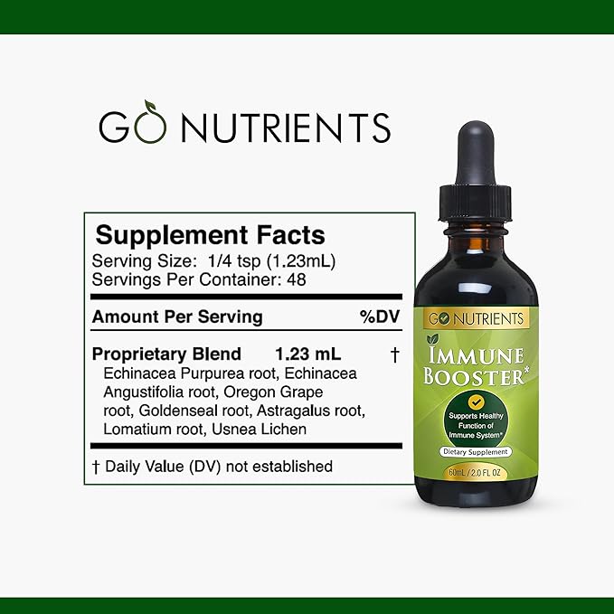 Go Nutrients Immune Booster – Liquid Herbal Support with Echinacea, Goldenseal & Usnea - 7 in 1 Enhancing Defense for Adults & Kids | 2 oz Tincture (48 Servings) for Natural Defense & Wellness