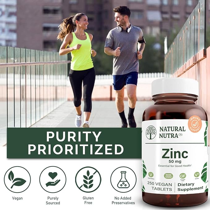 Natural Nutra Zinc Gluconate 50mg Supplement for Immune Support, Promotes Skin Health, Enhance Taste & Smell, Provides Ease from Cold & Flu, Boost Learning & Memory, Gluten Free 50mg 250 Vegan Tablets