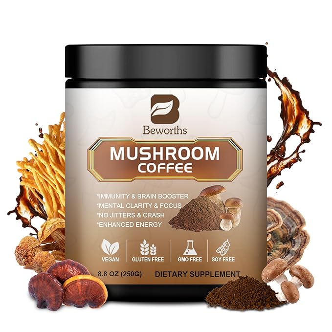 250g Mushroom Coffee - Lions Mane Mushroom Powder Instant Coffee with Lion's Mane, Reishi, Chaga, Cordyceps, Turkey Tail, Arabica - Mushroom Coffee Blend Support Gut, Focus, Brain Health