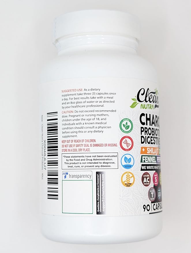 Clean Nutra Activated Charcoal Capsules Shilajit 5000mg Pills Probiotic 200 Billion + Digestive Enzymes for Digestive Health with Peppermint Fennel Licorice Papain Ginger Turmeric | Gut Health