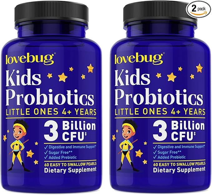 lovebug PROBIOTICS Little Ones Kids Probiotics, 120 Pearls – 3 Billion CFU w/Added prebiotic Fiber – Allergen-Free, Non-GMO