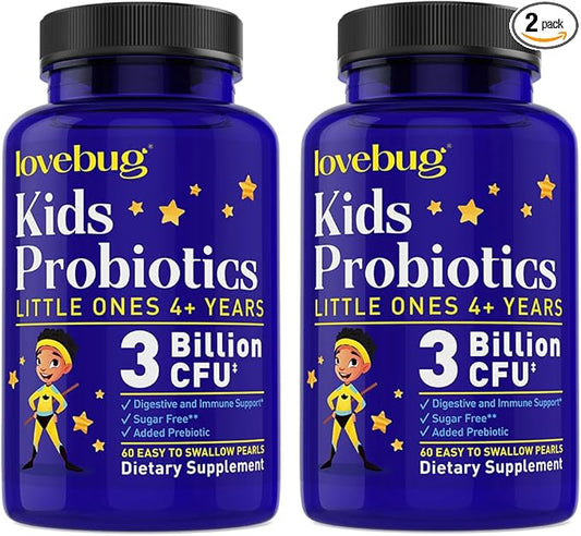 lovebug PROBIOTICS Little Ones Kids Probiotics, 120 Pearls – 3 Billion CFU w/Added prebiotic Fiber – Allergen-Free, Non-GMO