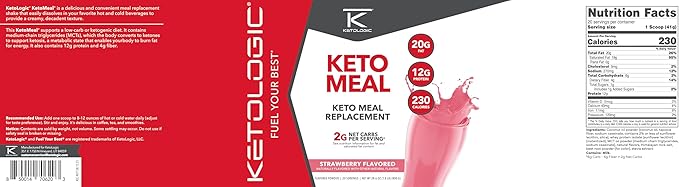 KetoLogic Keto Meal Replacement Shake Powder For Optimal Results + MCT Oil + Grass-Fed Whey - Perfectly Formulated Macros for Ketosis - 20 Servings - Strawberry