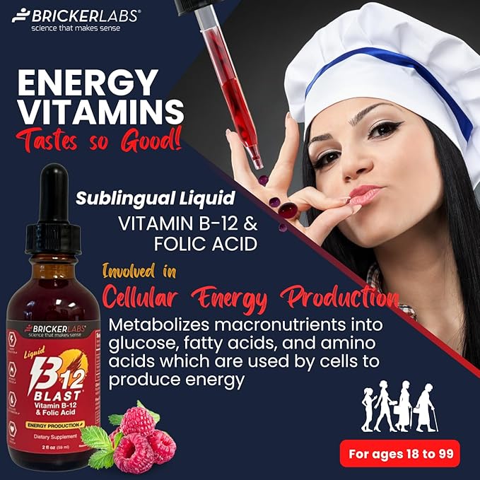 B-12 Blast Liquid Vitamin B12 and Folic Acid Supplement, Support Energy Production, Great Tasting Liquid Vitamin B12 Dietary Supplement in Natural Raspberry Flavor, 2 fl oz Bottle