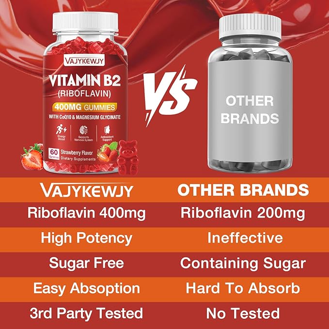 Vitamin B2 Gummies Riboflavin 400mg Strawberries Flavor, 120 Count,Vegan, Sugar-Free
