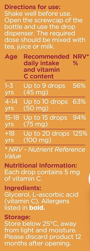 Colief Vitamin C Drops for Babies | Daily Immune Support for Infants Age +1 | Diary, Gluten and Preservative Free | Supports Development of Healthy Bones and Teeth | 600 Drops