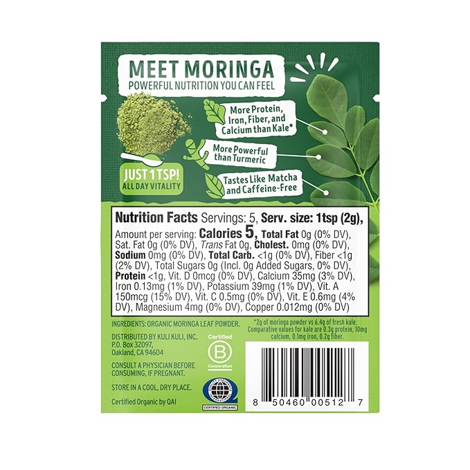 Kuli Kuli Moringa Oleifera Organic Leaf Powder & Green Smoothie, 100% Pure USDA Certified & Non-GMO Moringa Powder, Great with Smoothies, Tea, and Food, 0.4 Ounce, Pack of 20 (KK_PM)