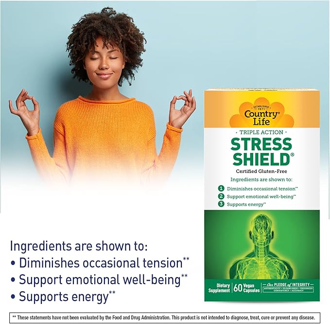 Country Life Stress Shield – Stress & Tension Relief Supplement with Ashwagandha, B-Vitamins for Energy & Emotional Well-Being, Supports Mental Clarity & Resilience, Gluten-Free, Vegan, 60 Capsules
