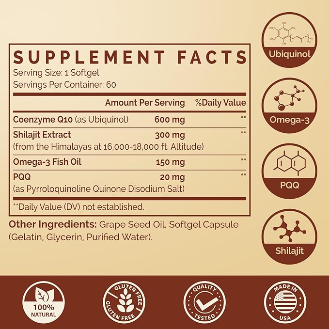 Ubiquinol CoQ10 600 MG Softgels with Omega-3 & Shilajit & PQQ, Advanced Dual-Delivery Coenzyme-Q10, Active CoQ10 Ubiquinol Supplement for Fertility, Antioxidant, Heart, Brain & Energy, 360 Servings