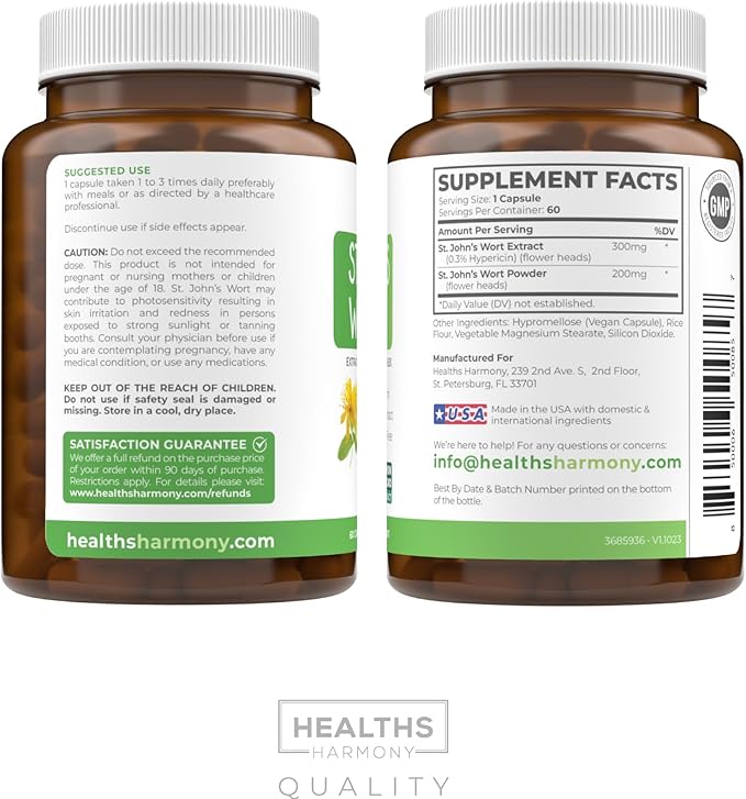 St. John's Wort - 60 Capsules (Non-GMO) Effective St Johns Wort Capsules - Powerful 900mcg Hypericin - Standardized Extract & Whole Herb Supplement - No Oil, Pills, Tea, Tincture - 500mg Per Capsule