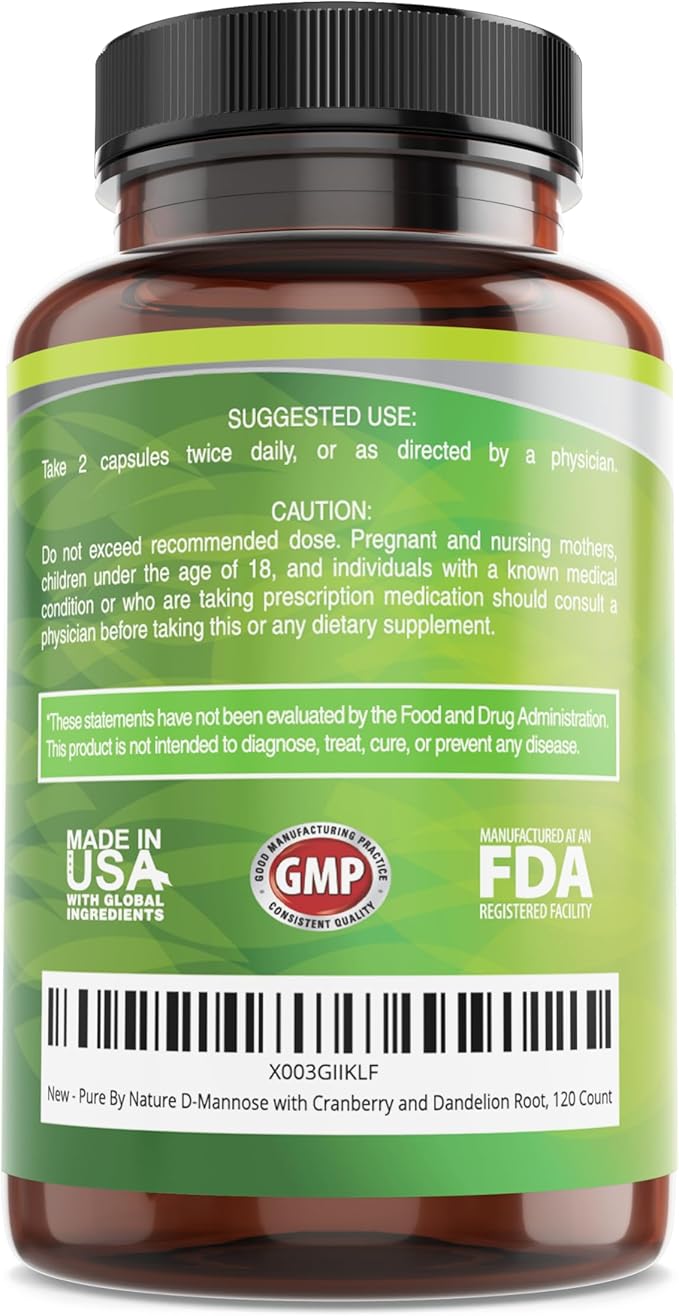 Pure By Nature D-Mannose with Cranberry and Dandelion Root, 120 Count