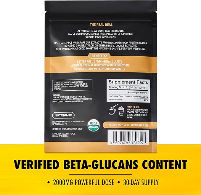 Premium USDA Organic Lions Mane Extract Powder – Pure Nootropic Mushroom Supplement for Focus, Memory, Nerve & Immune Support – 15:1 Dual Extract, Vegan, Gluten-Free, Non-GMO by Nutriante, 2.12 Oz