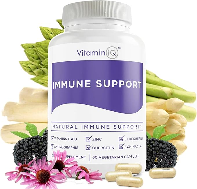 Immune Support Supplement with Vitamin C and Zinc, Sambucus Elderberry, Vitamin D3, Glutathione, Echinacea Capsules - Natural Immune Booster Herbal Supplements - Vegan, Gluten-Free (60ct)