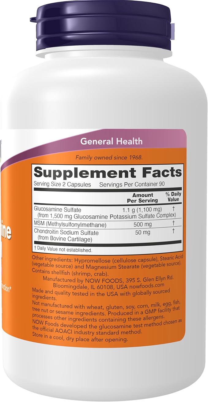 NOW Foods Supplements, Glucosamine & MSM plus Chondroitin Sulfate, Joint Health*, 180 Veg Capsules
