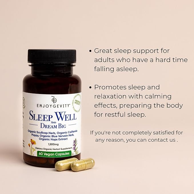 Organic Sleep Well Capsules - Calming and Relaxing Herbal Supplement - Sleep Aid - 60 Vegan Capsules - scullcap, California Poppy, Blue Vervain, Hops Extract - 1,500 mg