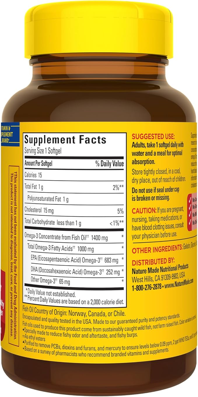 Nature Made Extra Strength Omega 3 Fish Oil Supplements, 1400mg, Fish Oil Omega 3 Supplements as Ethyl Esters for Healthy Heart, Brain, Eyes, Mood Support, 45 Softgels, 45 Day Supply